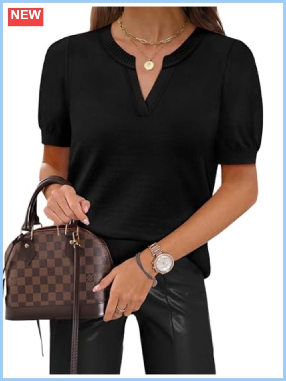 V-Neck Short Sleeve Knit Pullover Sweater Women Business Casual Lightweight